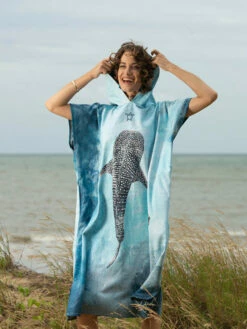 Ocean Armour Whale Shark Poncho -Online Dive Gear Sales Shop Ocean Armour Whale Shark Poncho Lifestyle Female Front Smiling